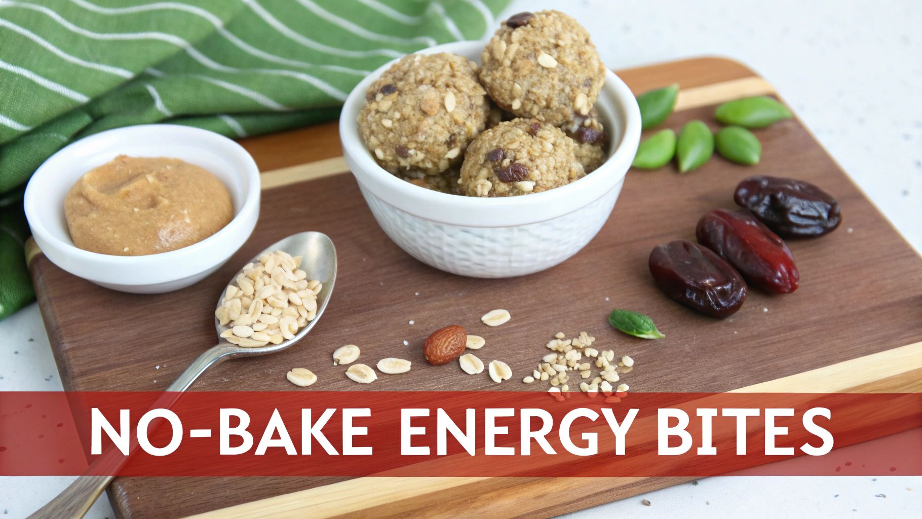 Homemade no-bake energy bites in a white bowl, with dates, peanut butter, and oats on a cutting board.