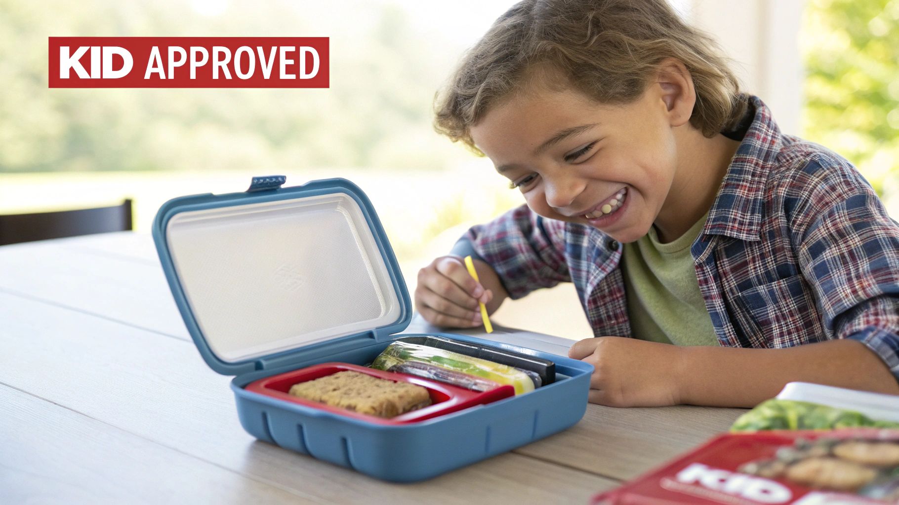A smiling young boy enjoying a healthy snack bar outdoors.