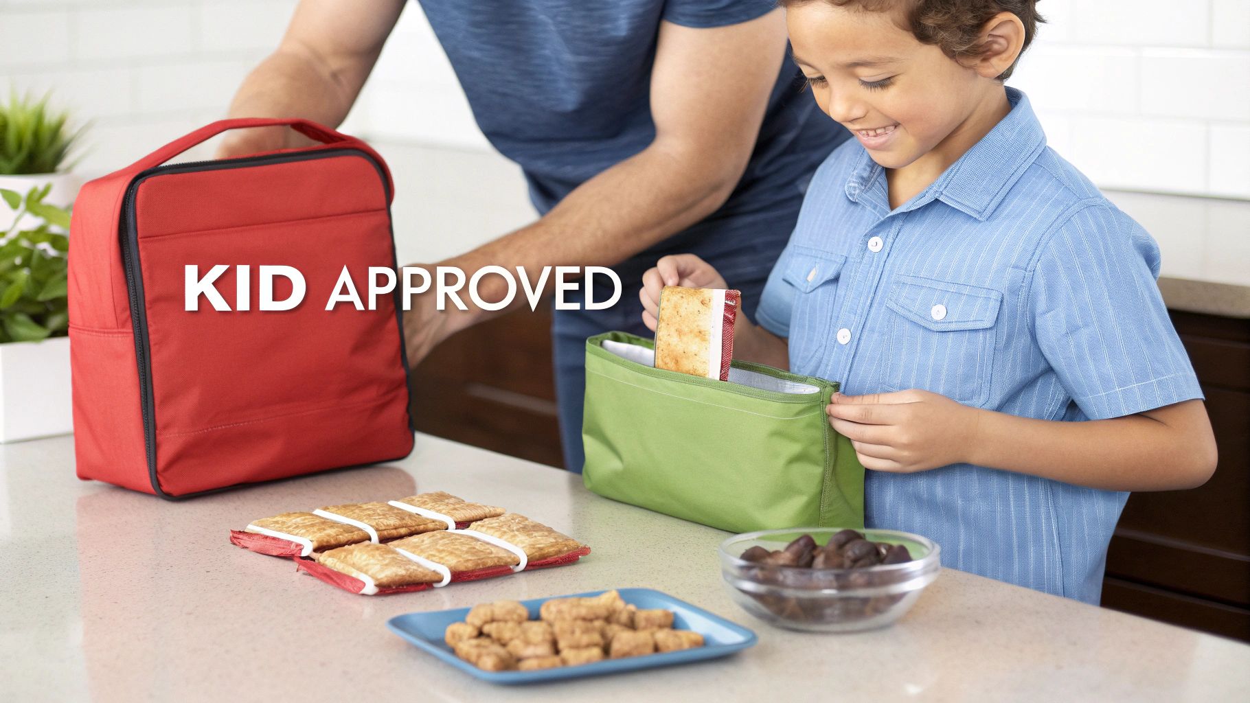 A father and son pack lunch bags in the kitchen, featuring snacks and a "KID APPROVED" bag.