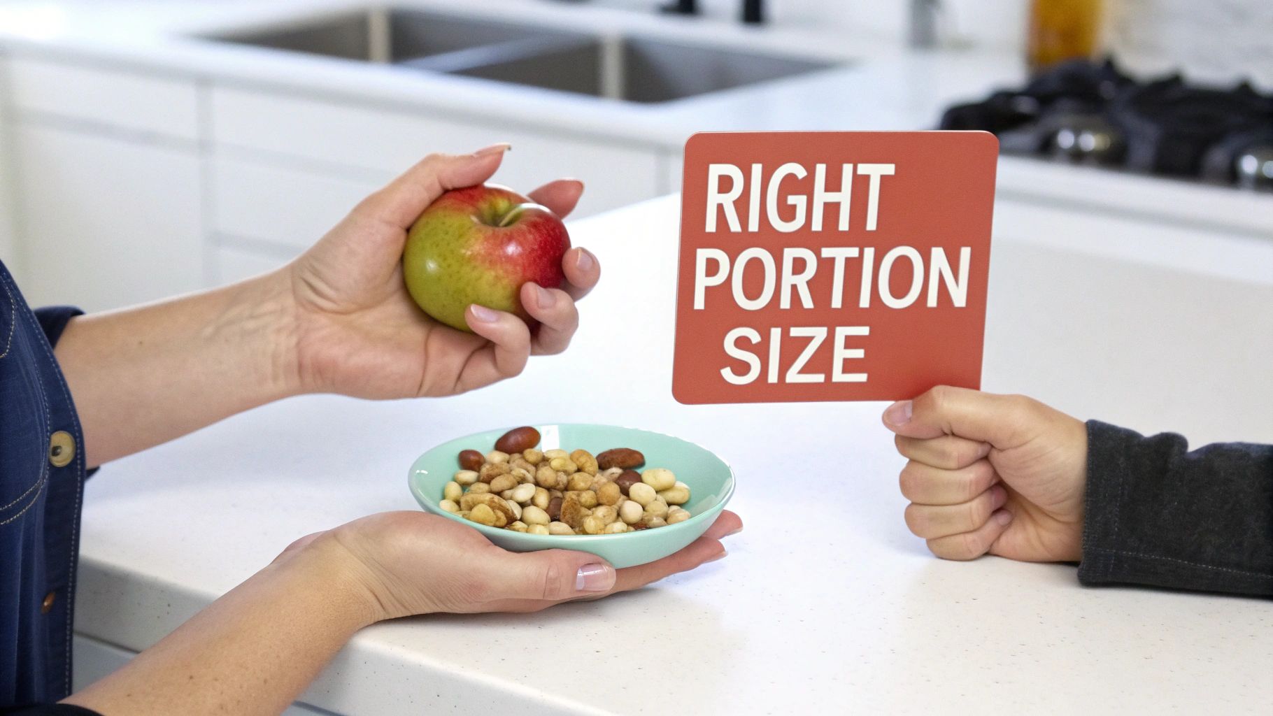 Hands hold an apple and a bowl of mixed nuts next to a 'Right Portion Size' sign.