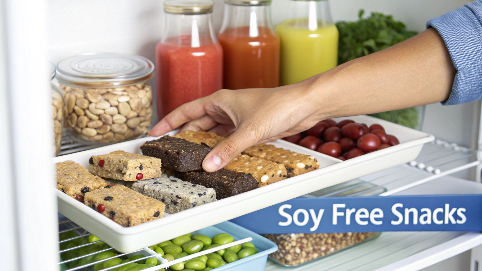 A hand selects a dark soy-free protein bar from a tray in a refrigerator filled with healthy snacks.