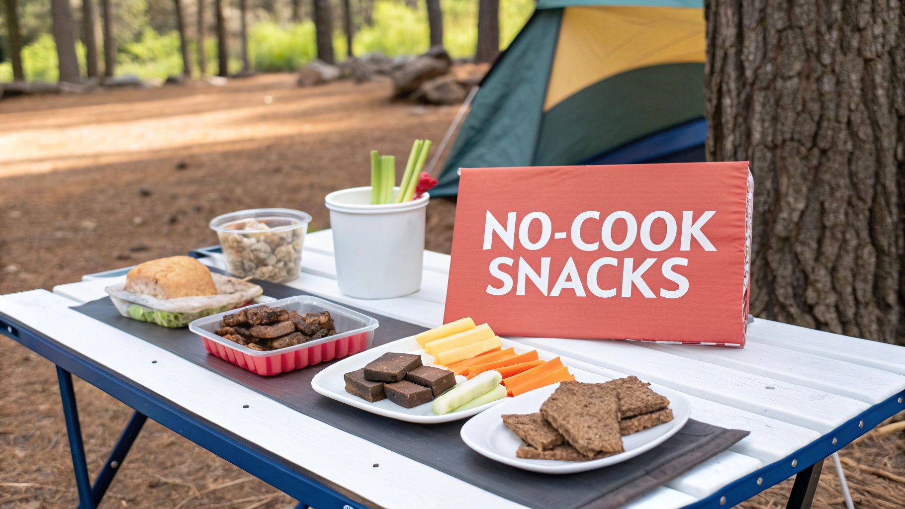 An outdoor camping table displaying a variety of convenient no-cook snacks, including vegetables, cheese, and crackers.