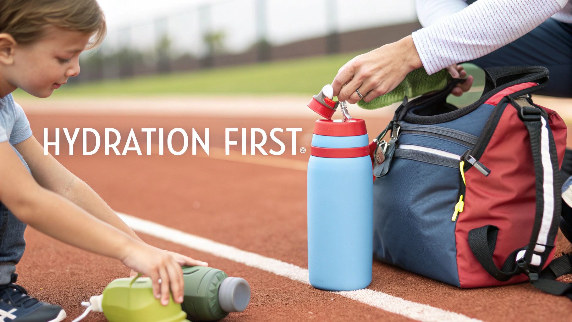 Child and adult on a sports field with water bottles and a sports bag, promoting hydration.