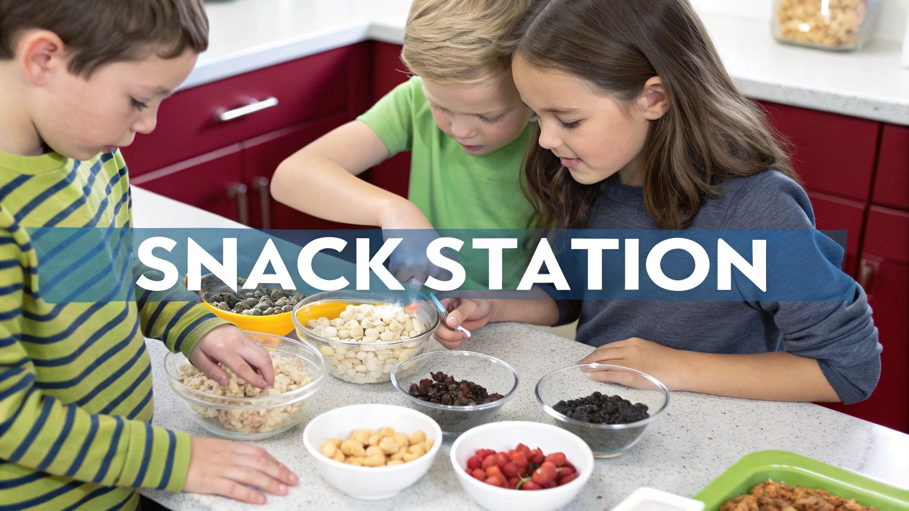 A young child excitedly reaching for a bowl of colorful trail mix on a kitchen counter.