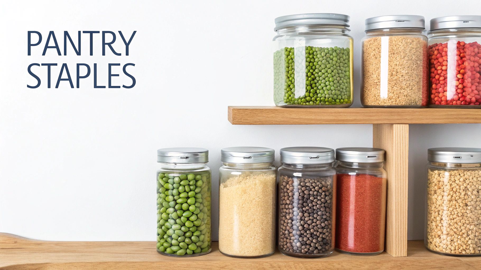 Glass jars filled with various plant-based dry pantry staples like lentils, grains, and spices on wooden shelves.