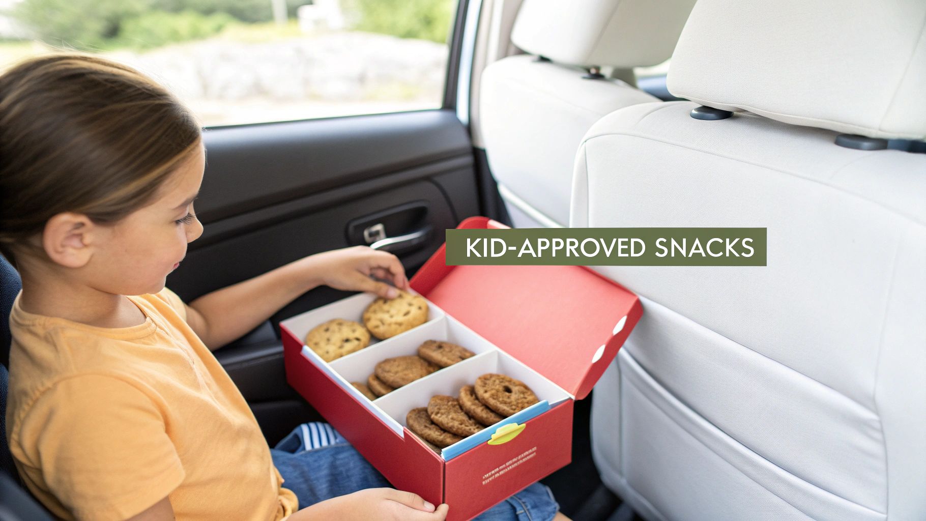 A young girl in a car seat happily selects cookies from a red divided snack box.