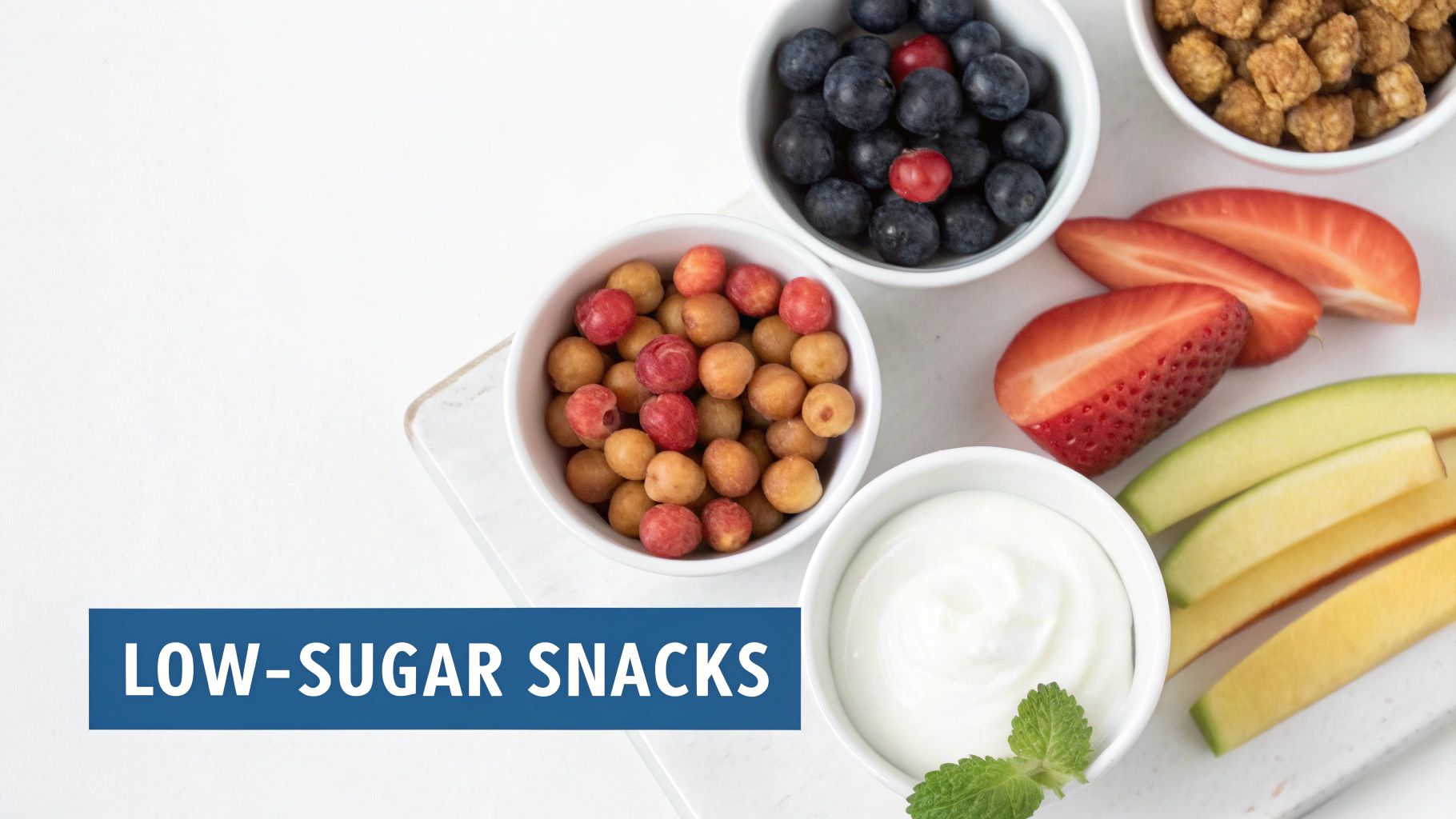 Assortment of healthy low-sugar snacks like fresh berries, sliced fruit, yogurt, and small cereal bites.