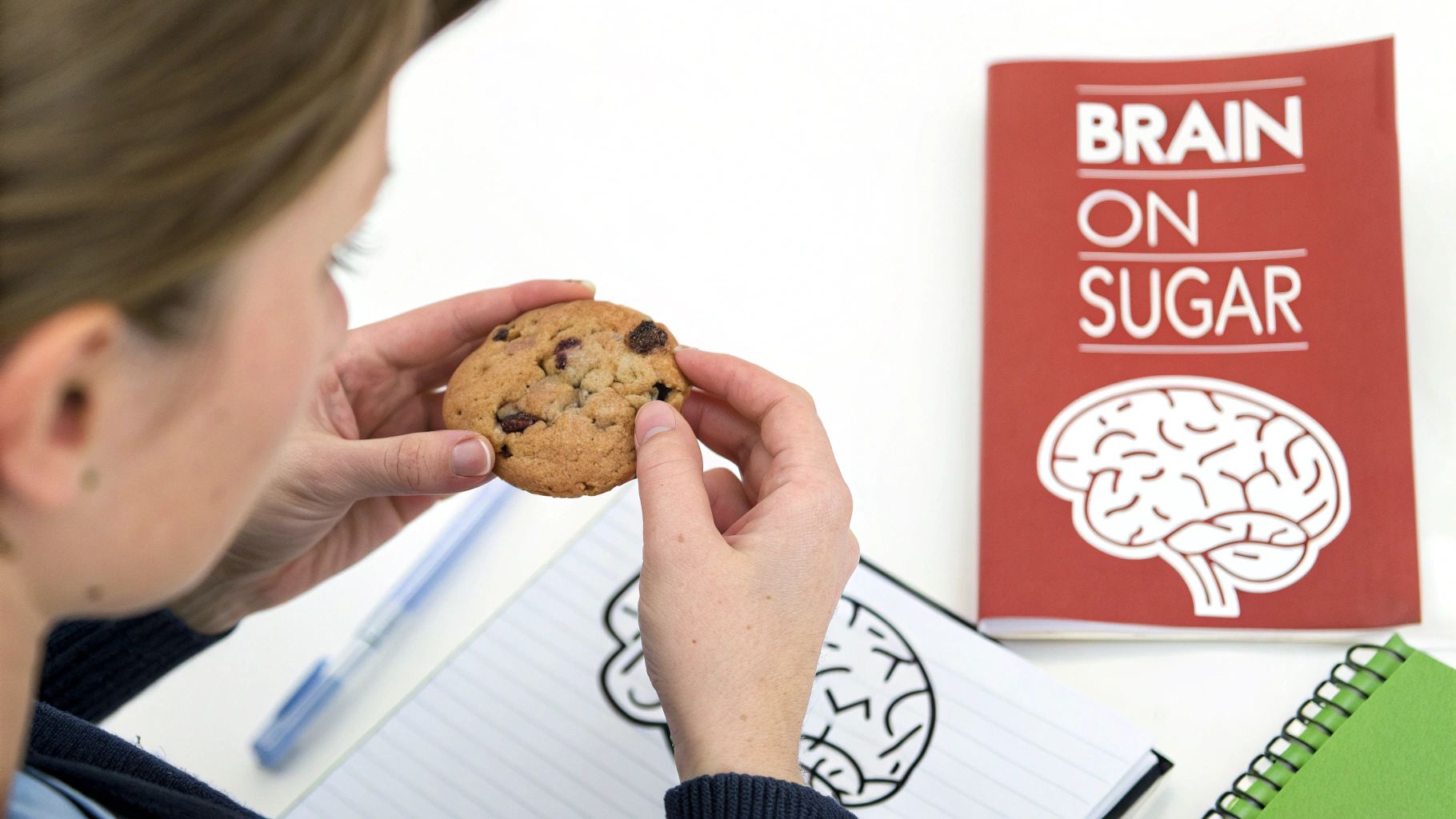 A person holds a chocolate chip cookie, with a book titled 'Brain on Sugar' and a brain drawing notebook.