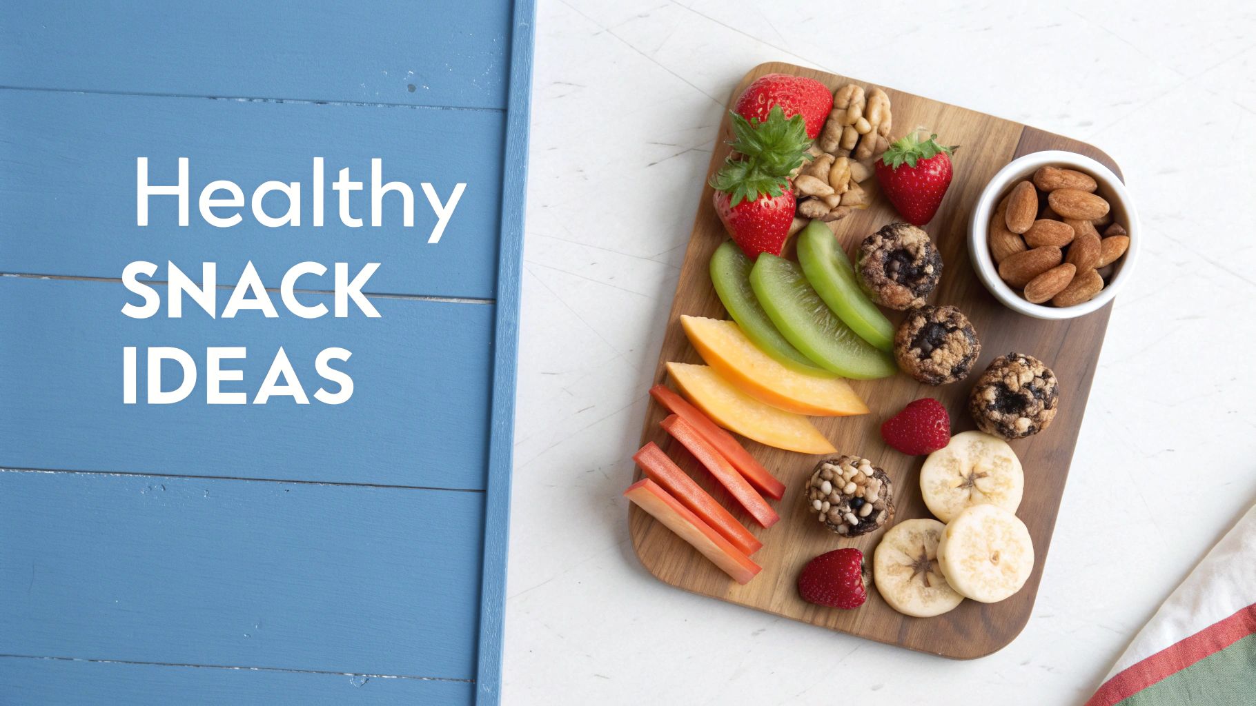 A wooden board showcasing various healthy snack ideas, including fresh fruits, nuts, and energy balls.
