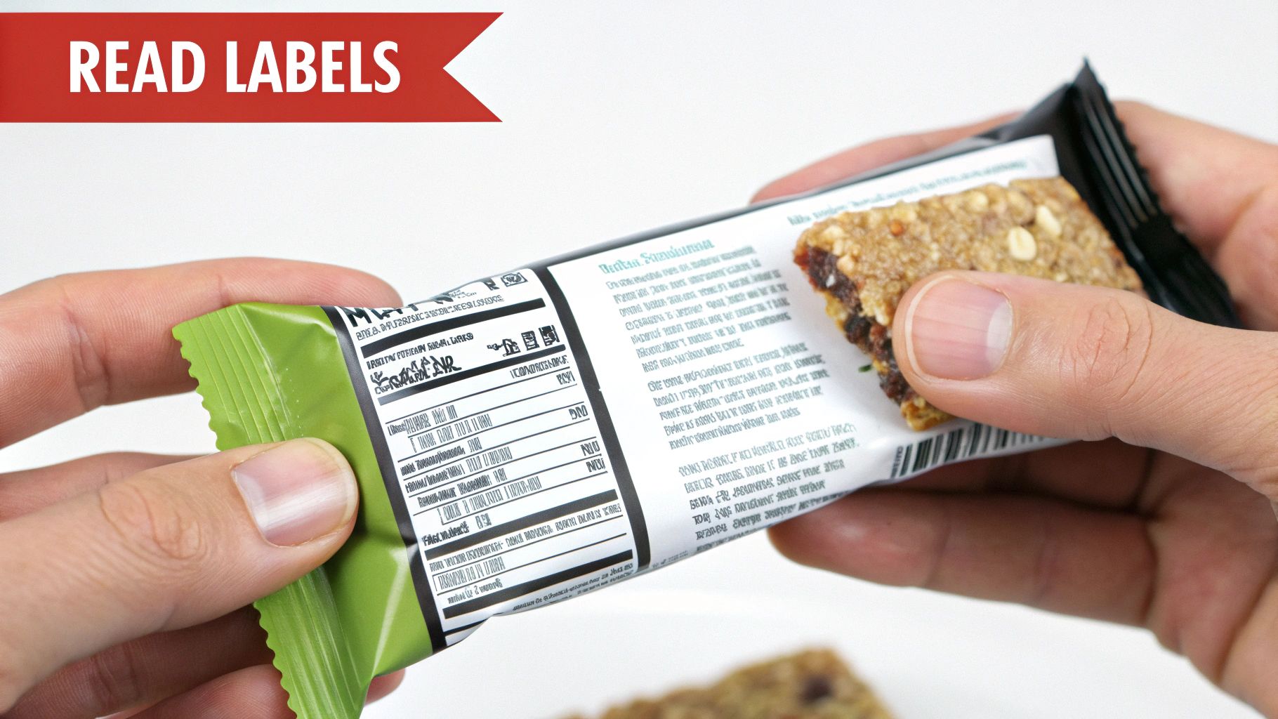 Runner checking nutrition label on a bar