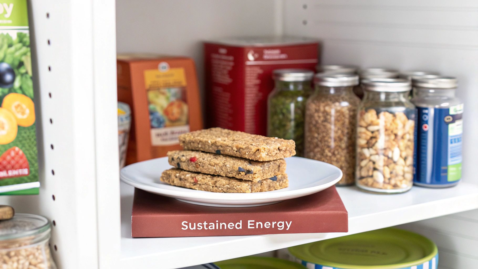 Three stacked high-fiber snack bars on a white plate, on a pantry shelf with jars of food.