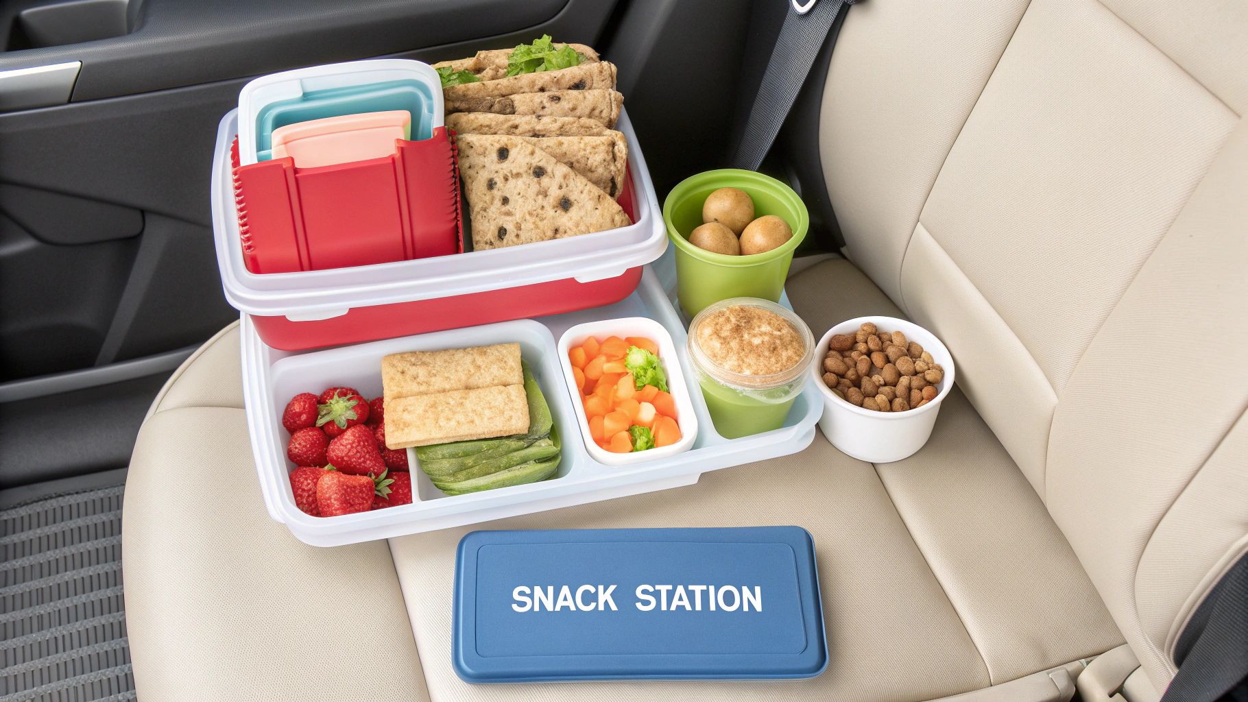 A car passenger seat organized as a 'Snack Station' with various healthy food containers.