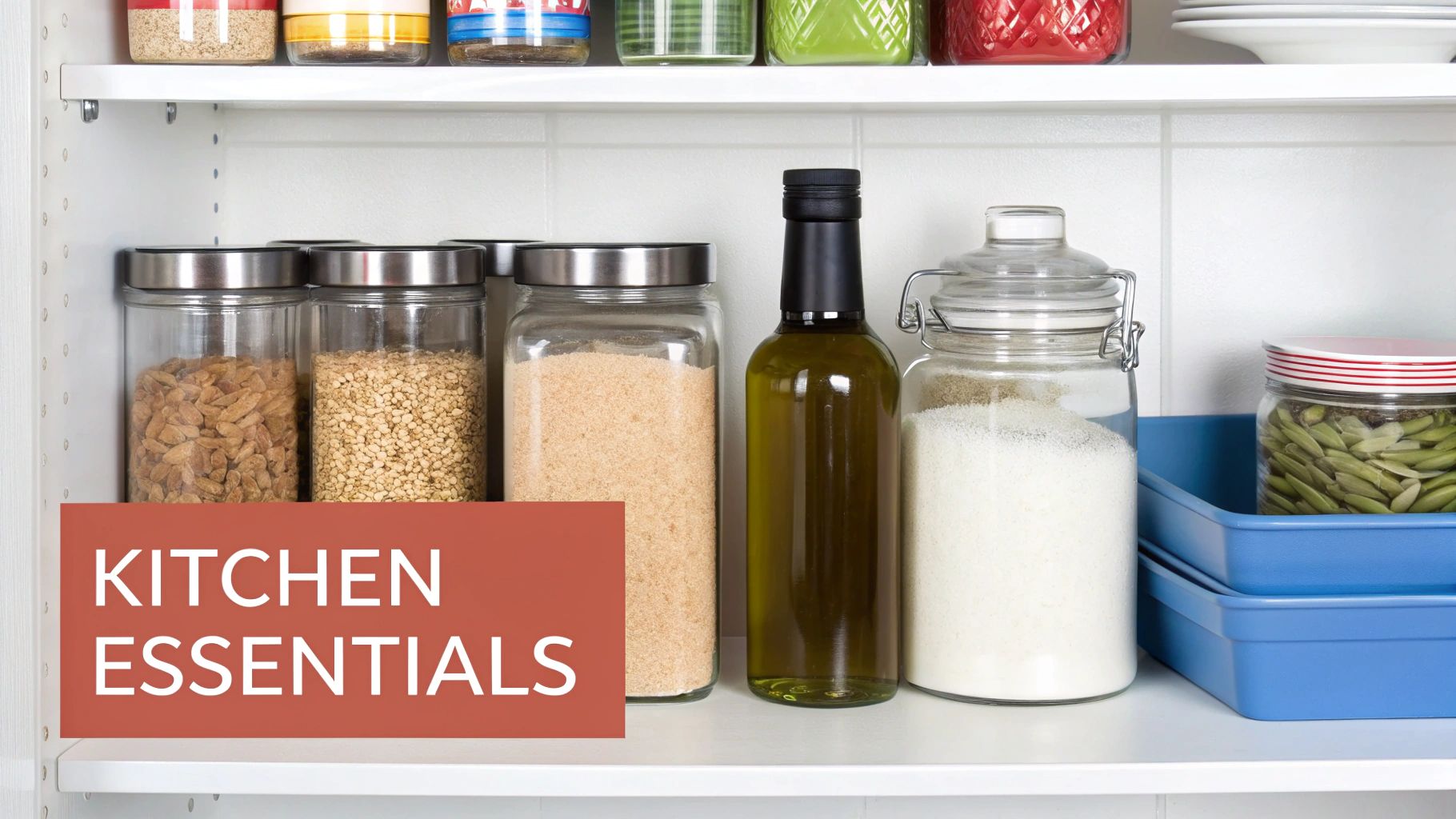 A clean, organized kitchen pantry with gluten and dairy free staples like jars of nuts, seeds, alternative flours, and plant-based milks.