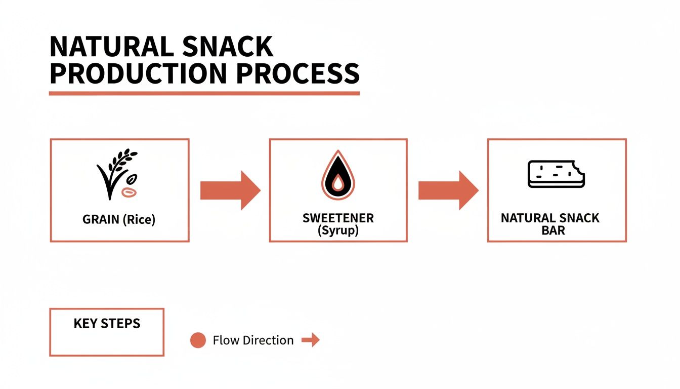 Flowchart illustrating the natural snack bar production process from grain (rice) and sweetener (syrup).