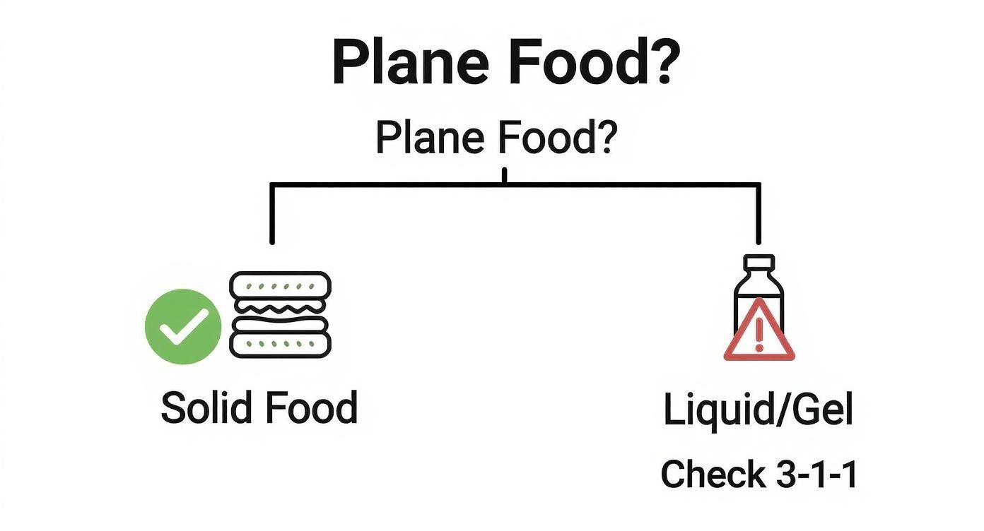 A flowchart explaining plane food rules, showing solid food is allowed and liquid/gel requires a 3-1-1 check.