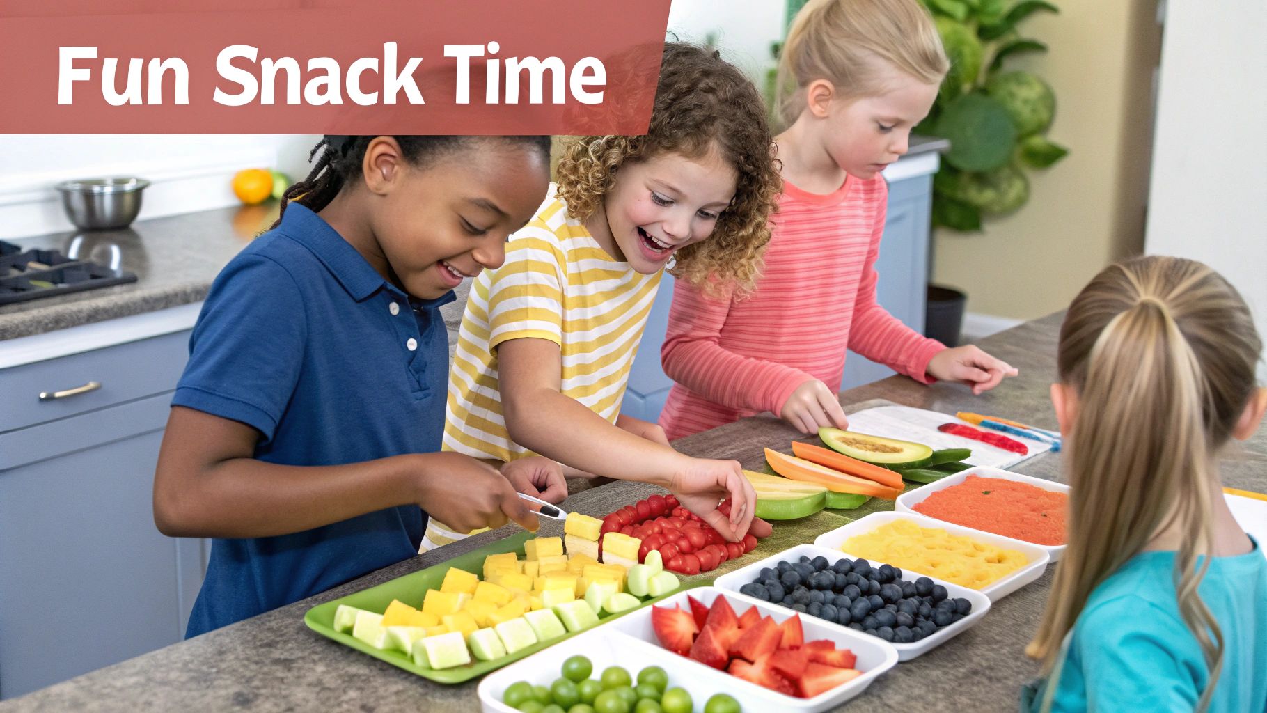 Two happy kids sitting at a table outdoors, eating healthy snack bars.