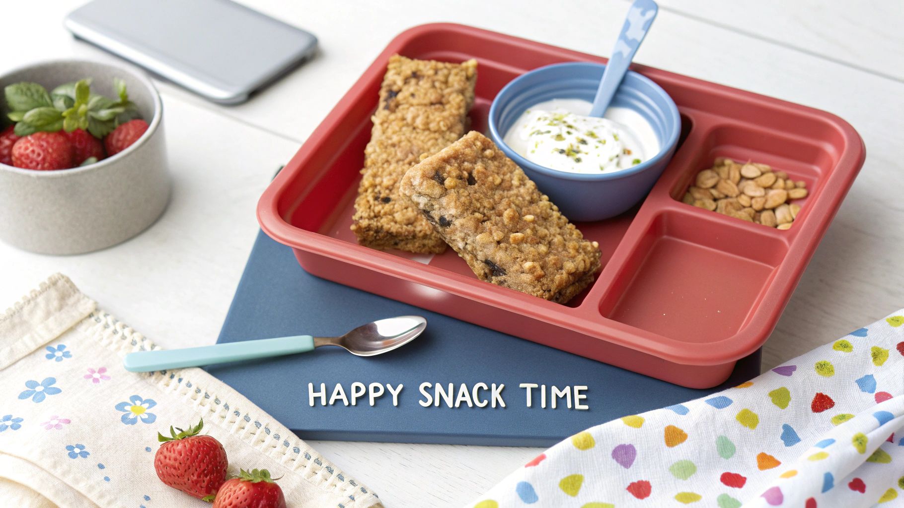 Delicious gluten-free energy bars, yogurt, nuts, and fresh strawberries arranged for a happy snack time.