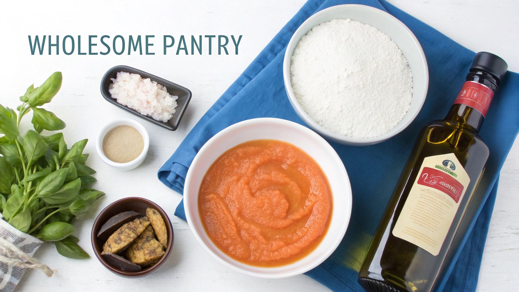 Wholesome pantry ingredients including flour, pumpkin puree, olive oil, salt, and yeast on blue cloth