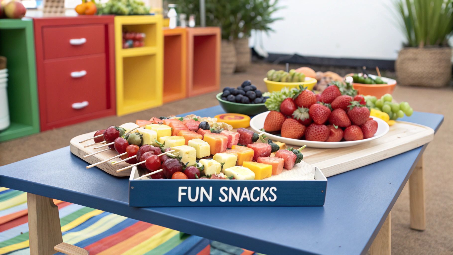 Happy child eating a healthy snack bar outdoors.