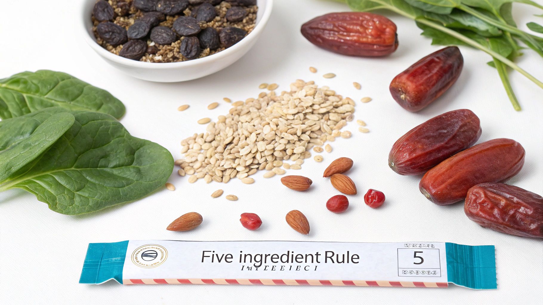 A variety of healthy ingredients including spinach, dates, seeds, almonds, and granola, with a 'Five ingredient Rule' wrapper.