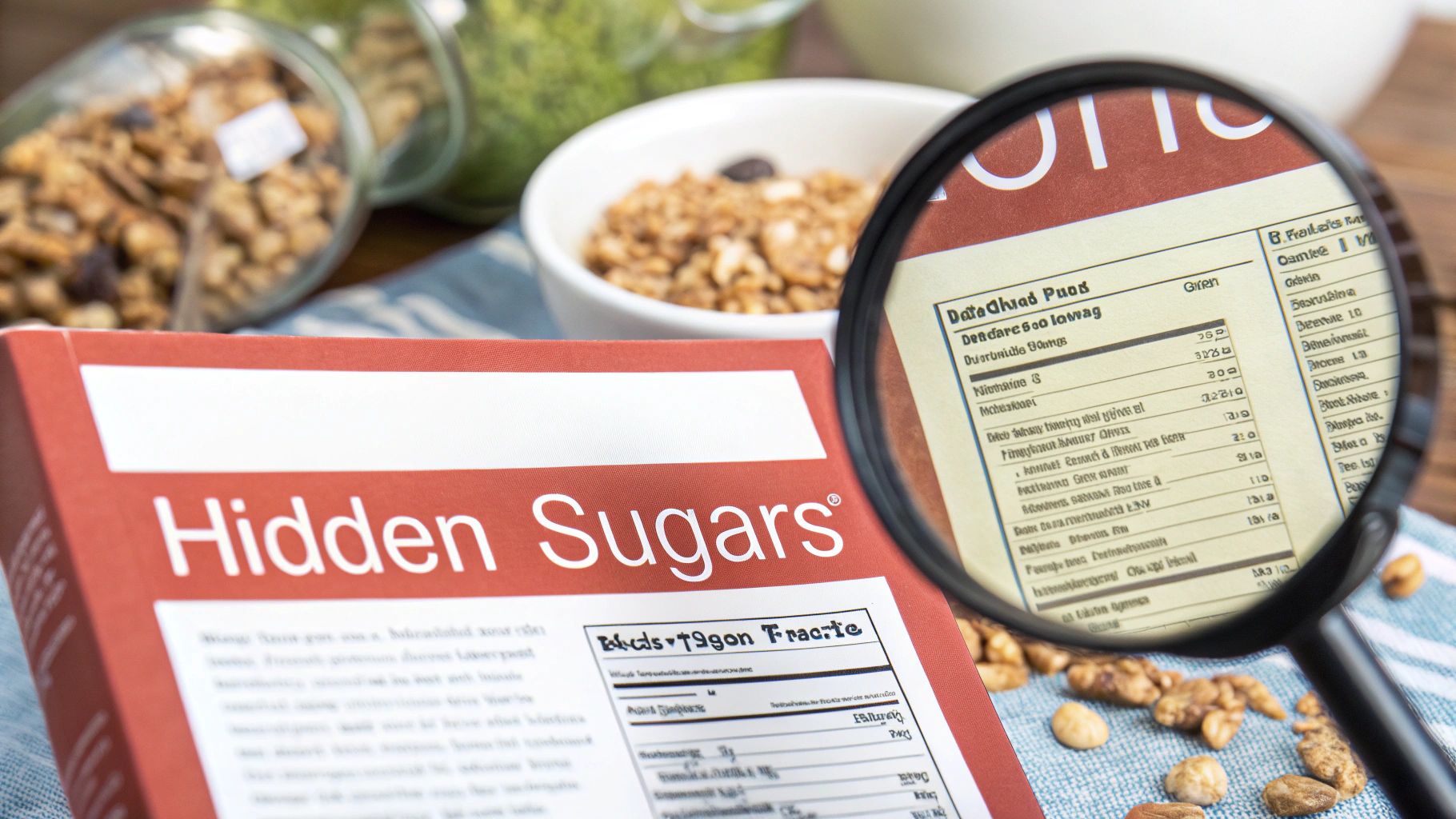 A magnifying glass scrutinizes a nutrition label on a 'Hidden Sugars' box, with granola in bowls.