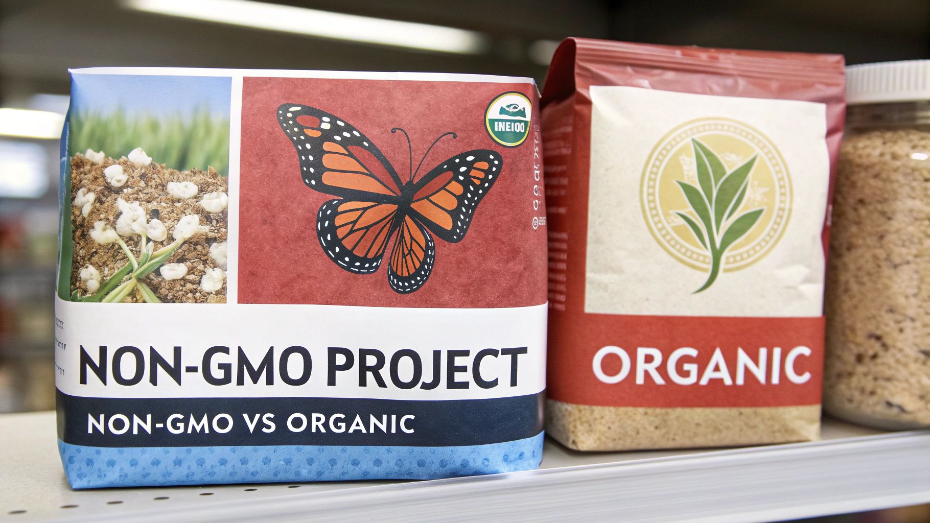 Packages labeled 'NON-GMO PROJECT' with a monarch butterfly and 'ORGANIC' with a leaf on a store shelf.