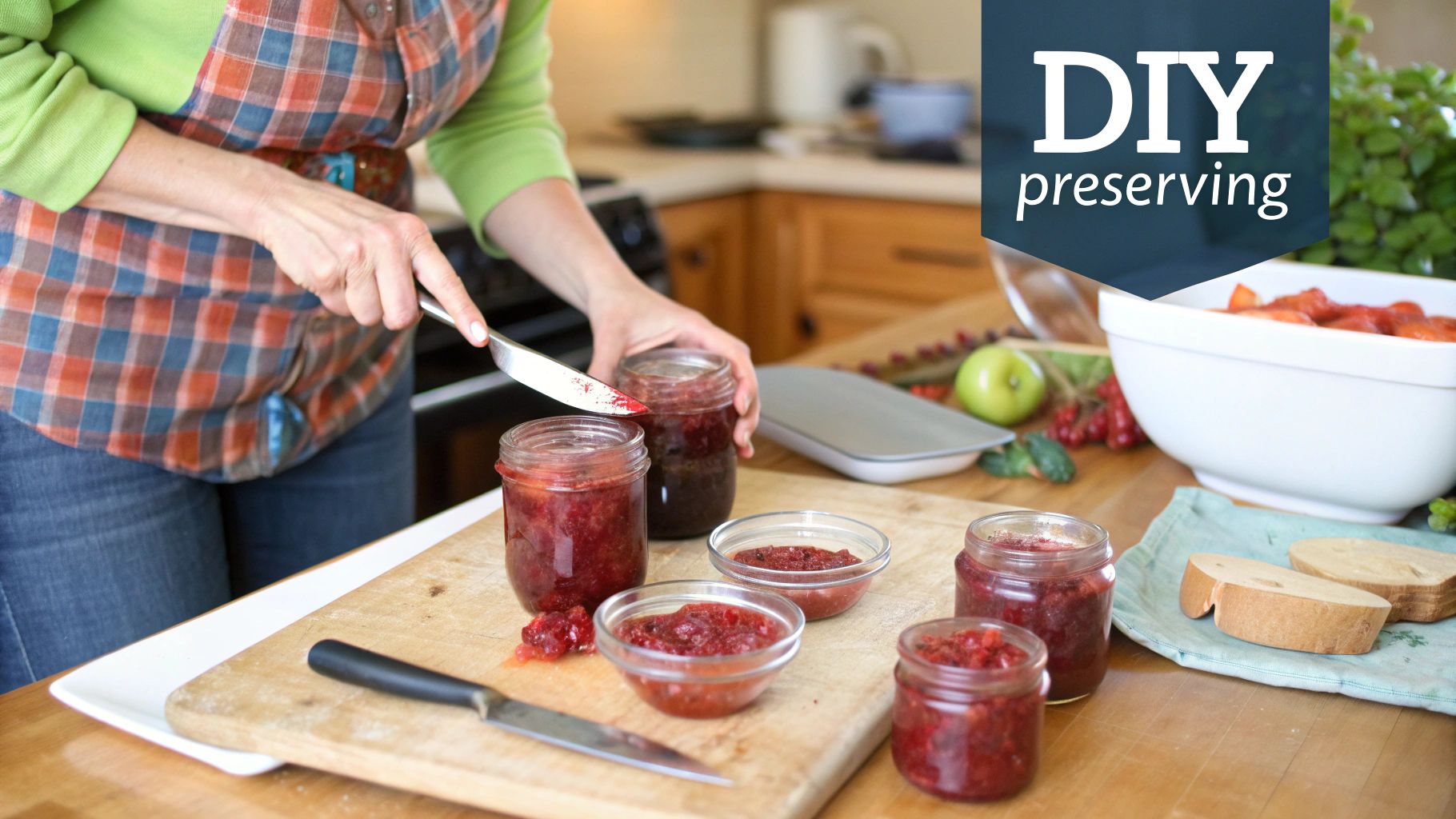 A rustic wooden kitchen scene with various natural ingredients like rosemary and spices.