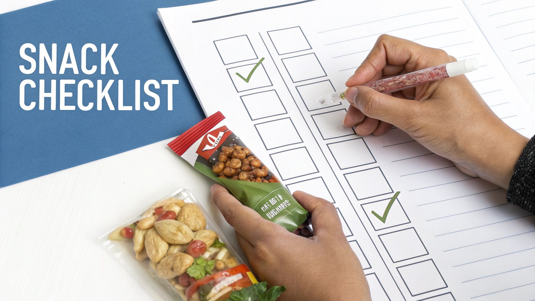 A person's hands marking items on a 'SNACK CHECKLIST' while holding bags of healthy snacks.