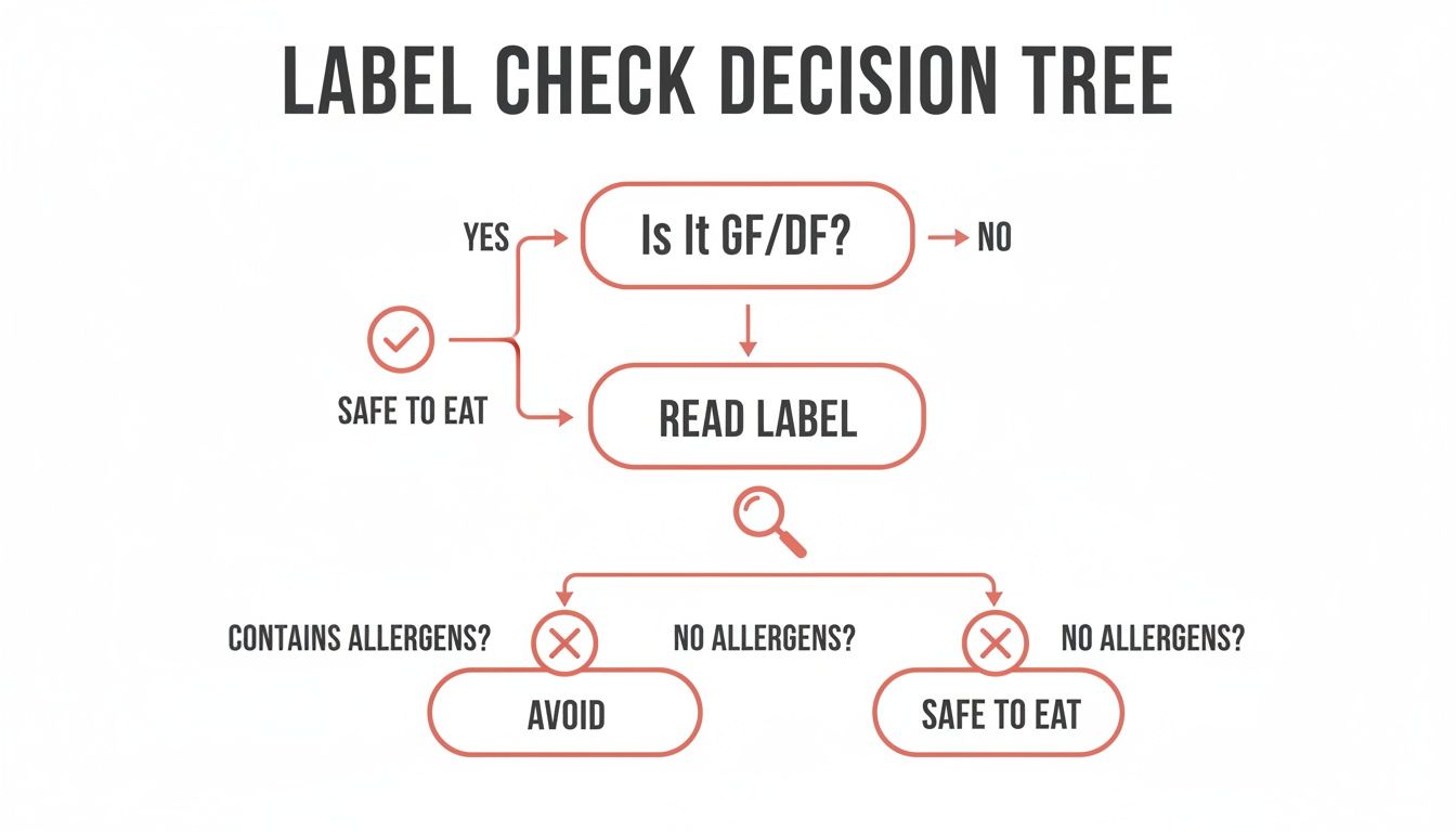 Decision tree flowchart explaining how to check food labels for gluten, dairy, and other allergens to determine if safe to eat.