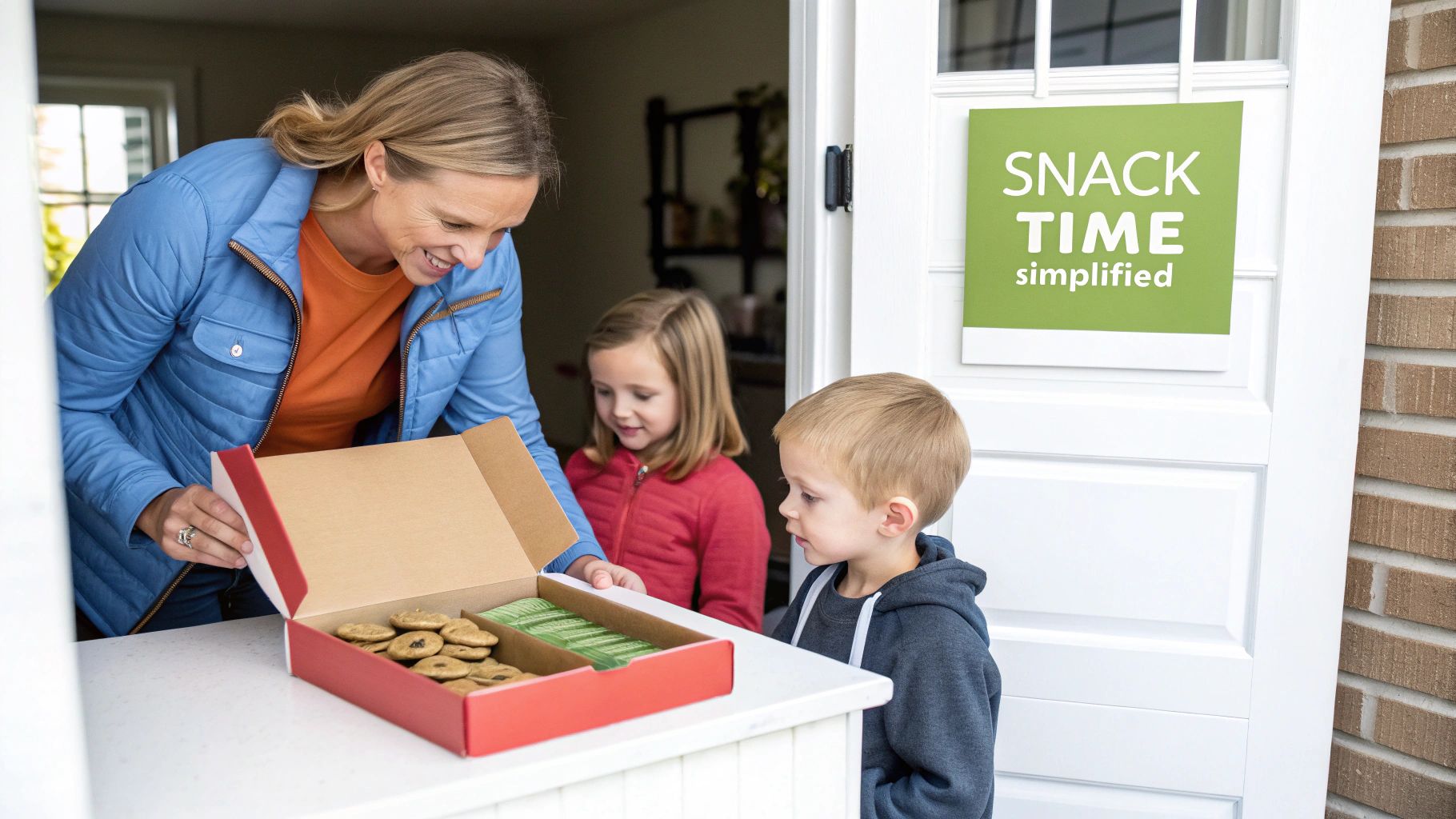 A smiling woman opens a snack subscription box with cookies and green packages for two eager children.