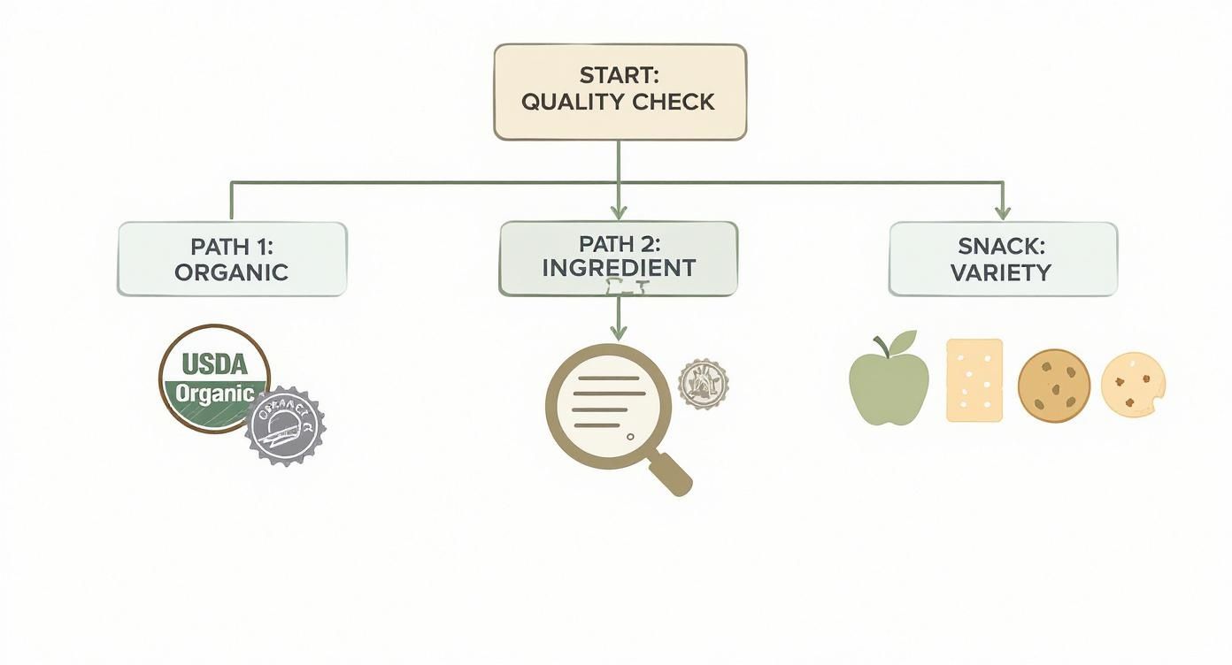 Infographic decision tree for choosing an organic snack box, showing paths for USDA Organic seal, checking ingredient lists, and ensuring snack variety.