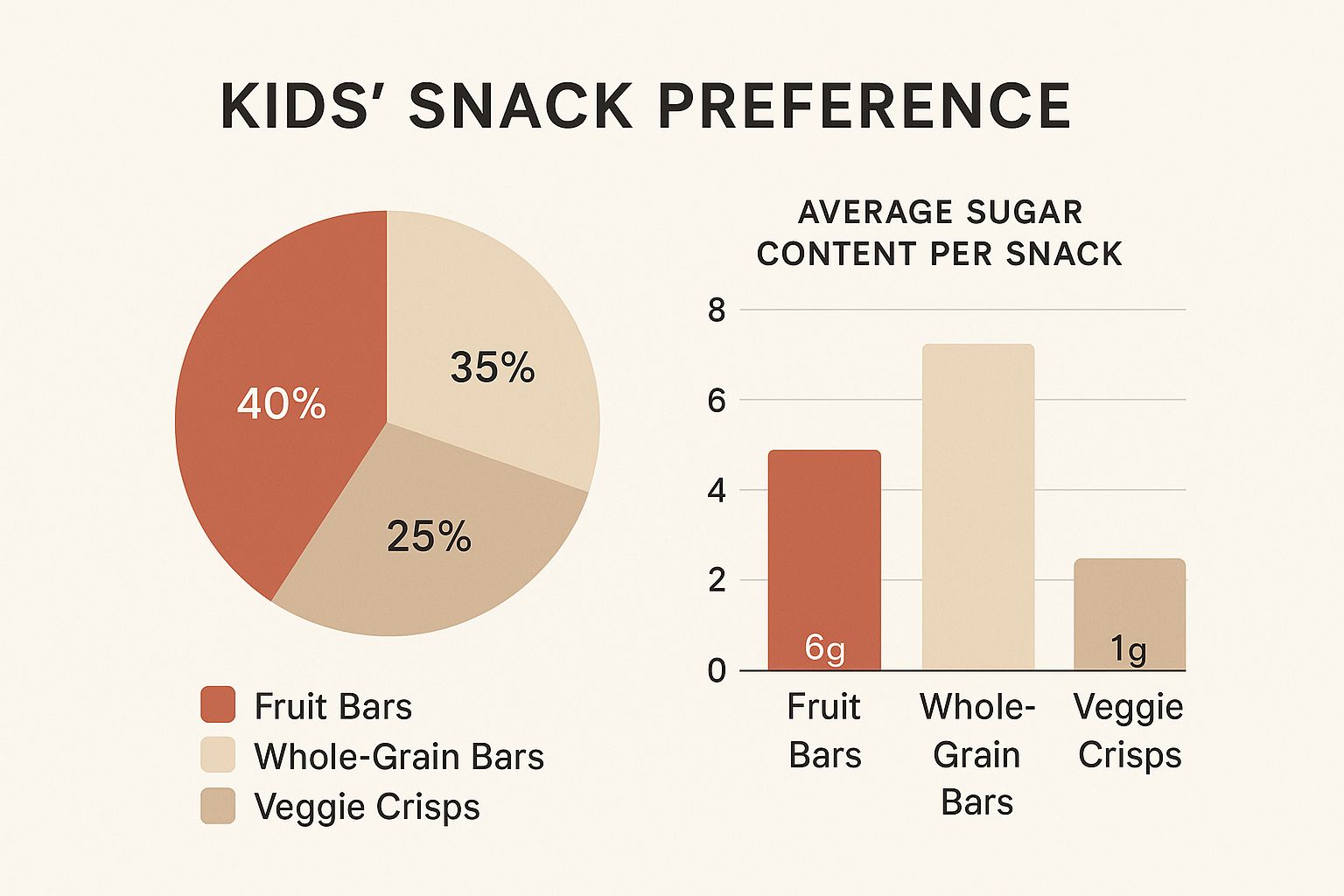 Infographic showing a pie chart of kids' snack preferences (Fruit Bars 40%, Whole-Grain Bars 35%, Veggie Crisps 25%) and a bar chart comparing sugar content (Fruit Bars 6g, Whole-Grain Bars 8g, Veggie Crisps 1g).