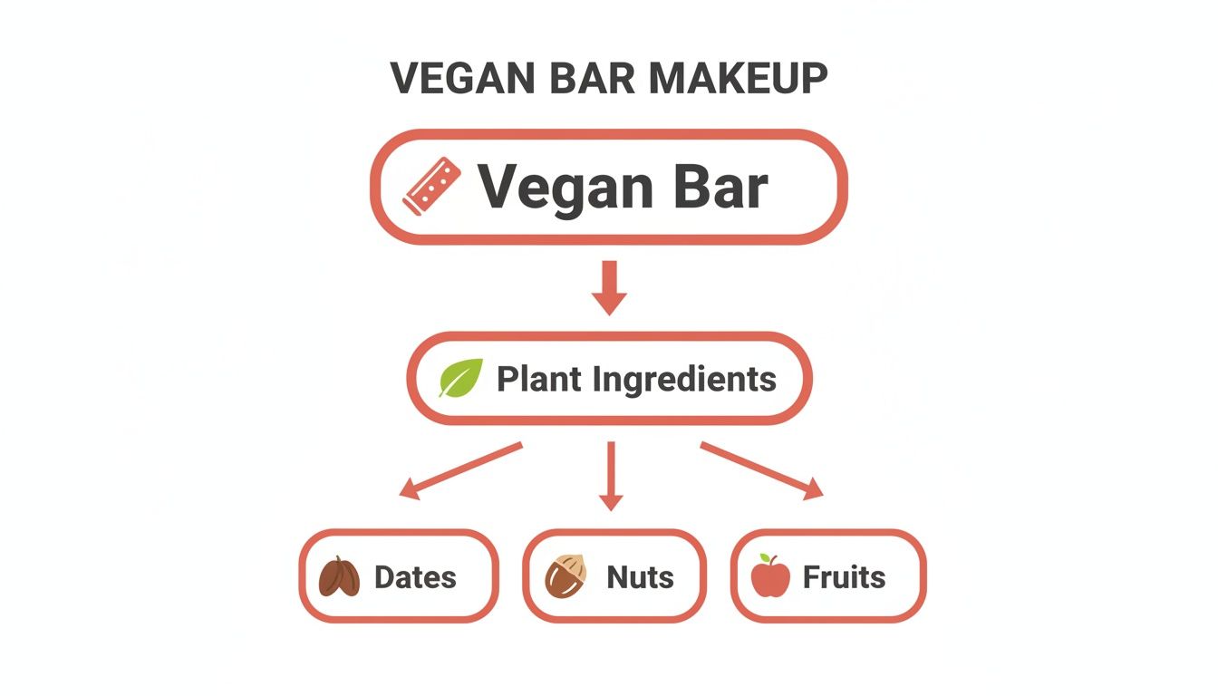 Flowchart illustrating the ingredients of a vegan bar: plant ingredients, dates, nuts, and fruits.