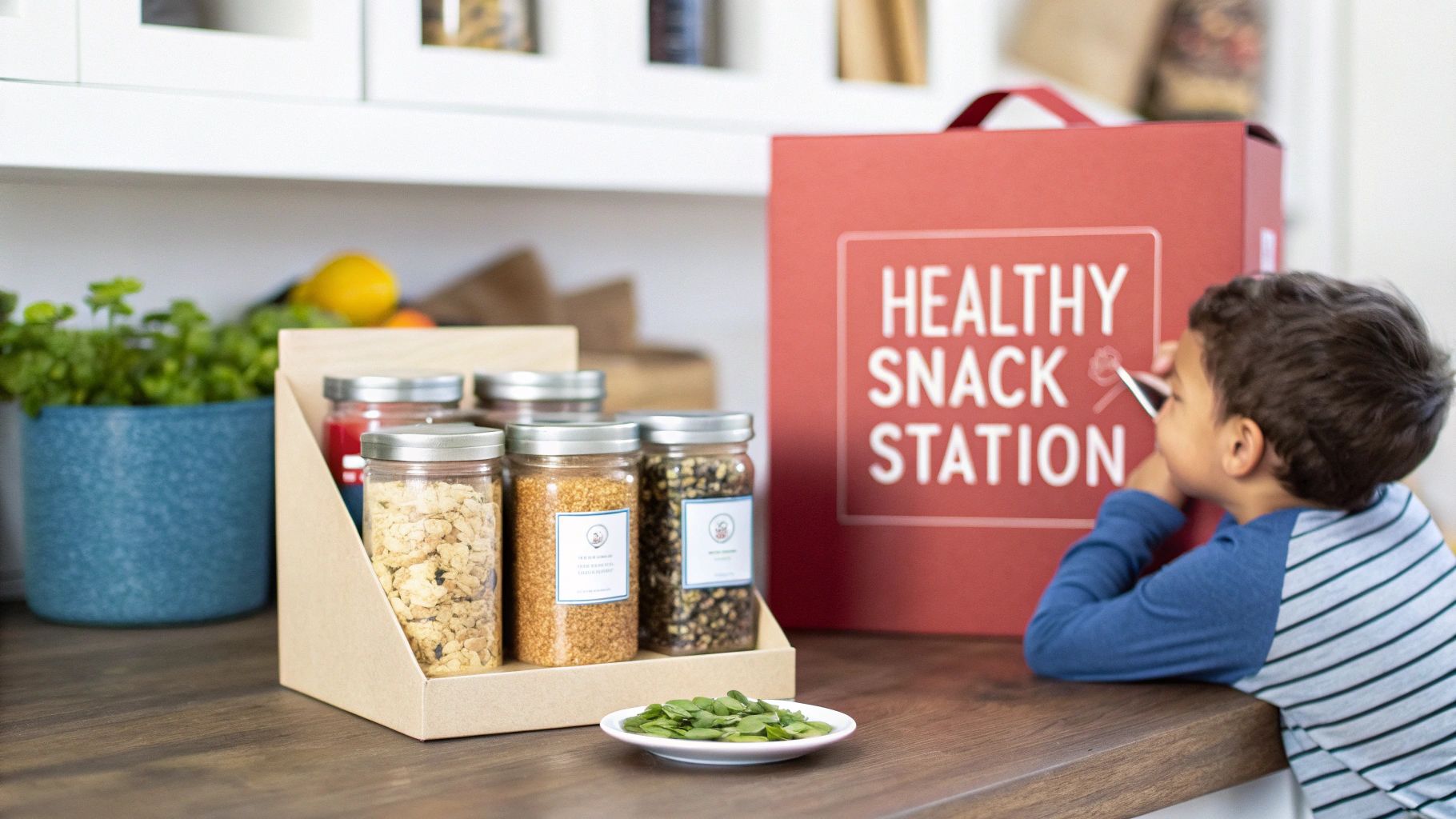 A child excitedly reaching for an organic snack bar from a low pantry shelf.