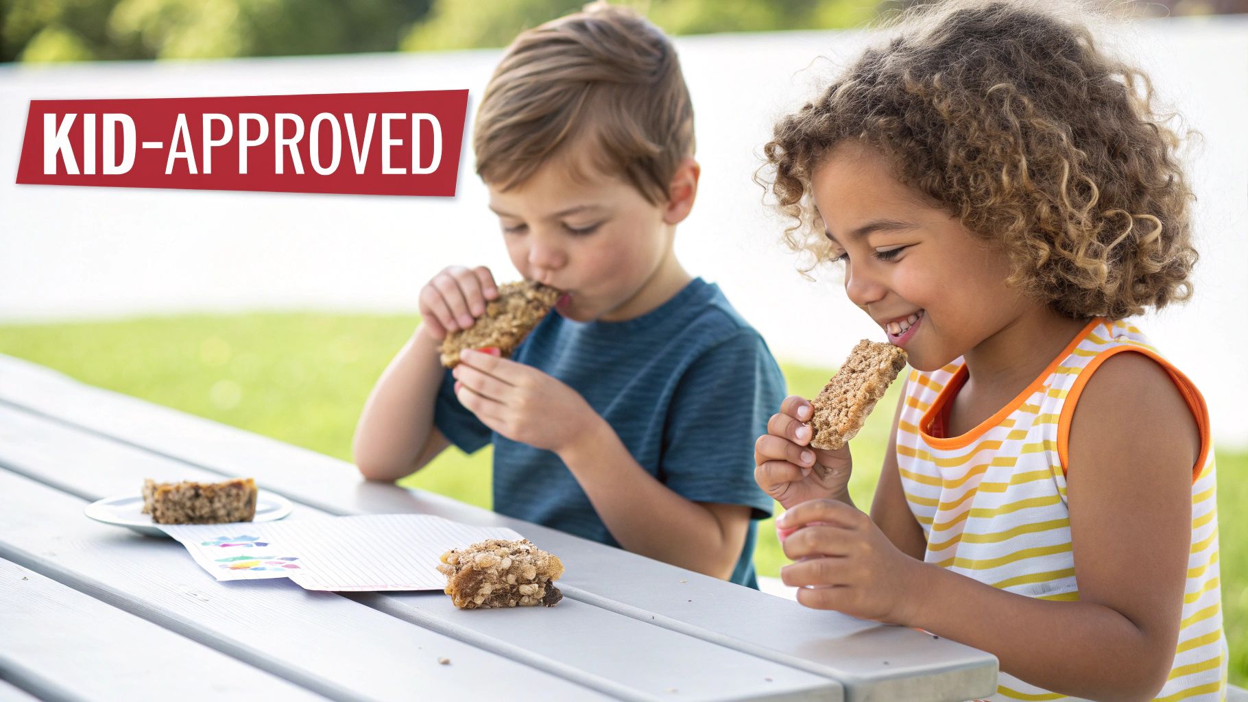 Two happy children eating granola bars at an outdoor picnic table, kid-approved.
