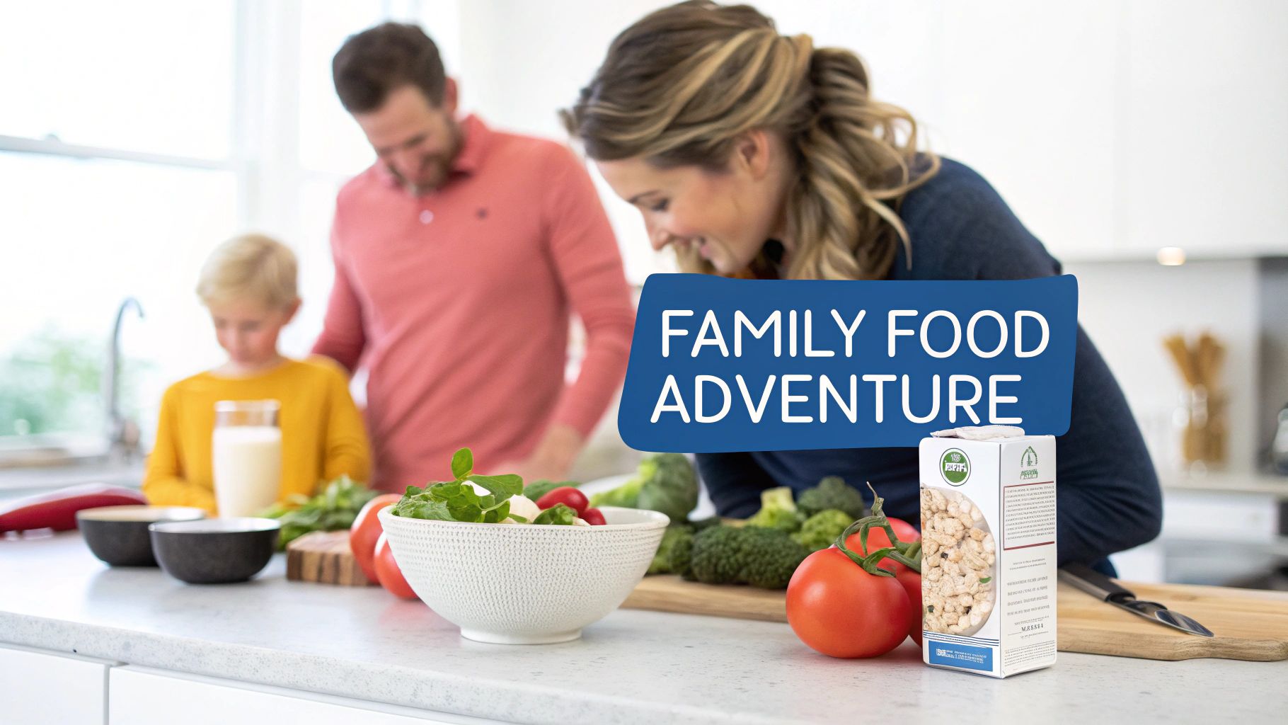 A family cooks together in a bright kitchen with fresh vegetables and ingredients, promoting healthy eating.