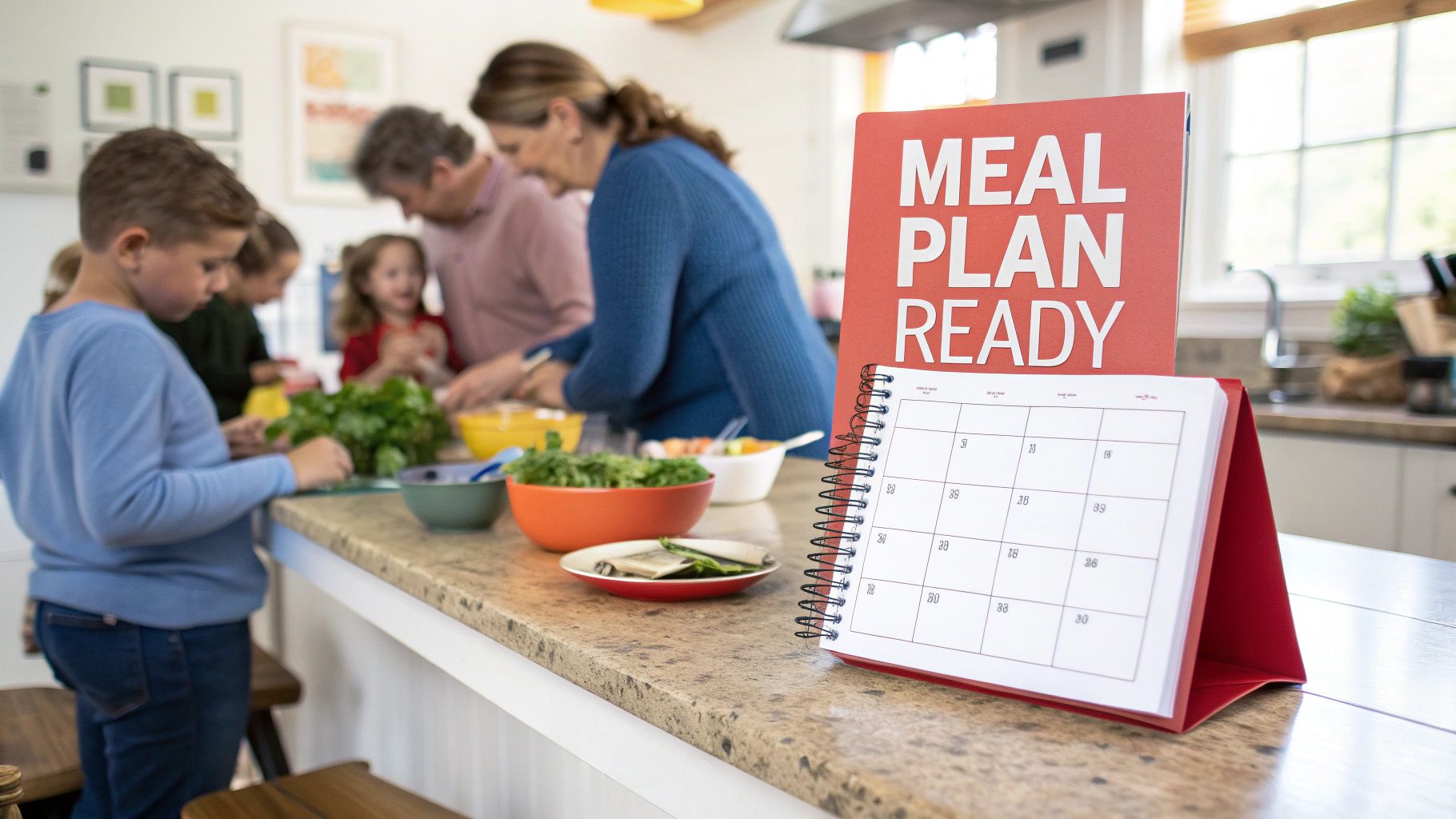 A family prepares a healthy meal in the kitchen with a 'MEAL PLAN READY' calendar.