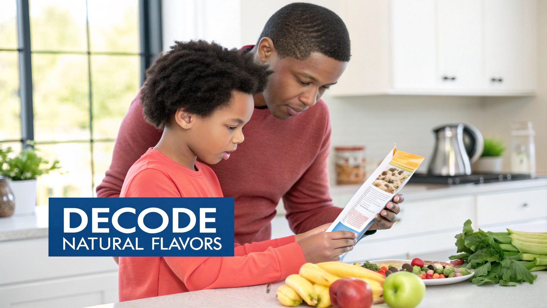 Father and son in a kitchen learning to decode natural flavors on a food package near fresh produce.