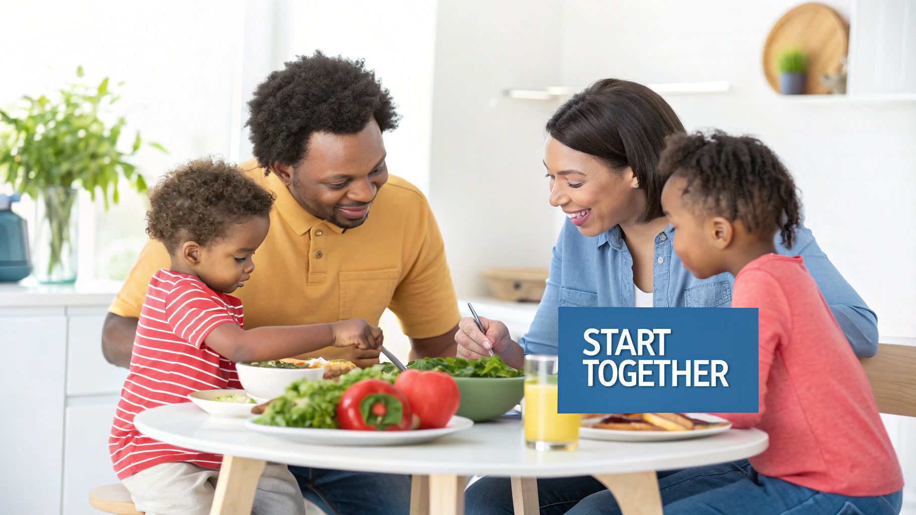 Smiling family, including two young children, shares a healthy, plant-based meal at home.