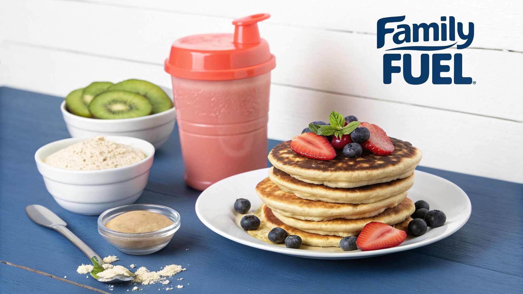 A healthy breakfast spread with protein pancakes, fresh fruits, a smoothie, and protein powder ingredients.