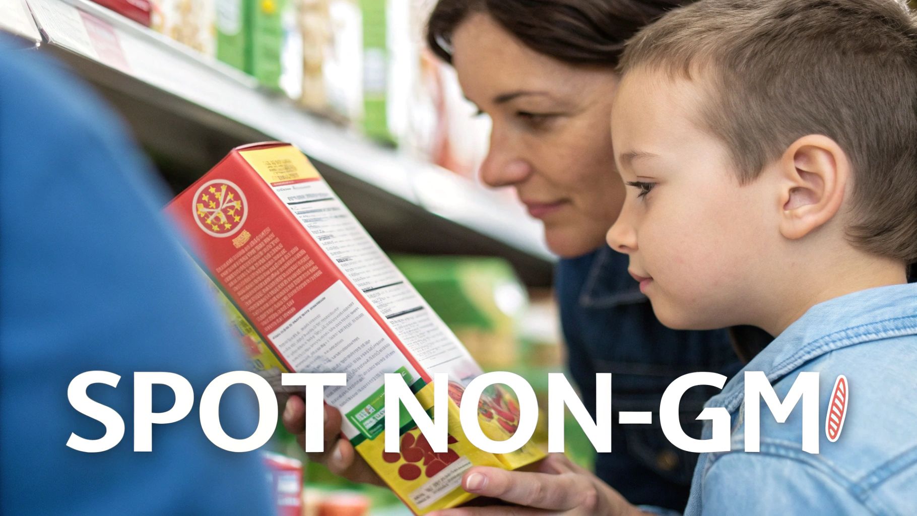 Mother and child in a grocery store aisle examining a food product box with "SPOT NON-GMO" text.