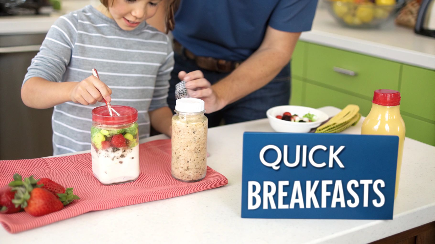 Parent and child preparing healthy overnight oats breakfast jars with fresh fruit in kitchen