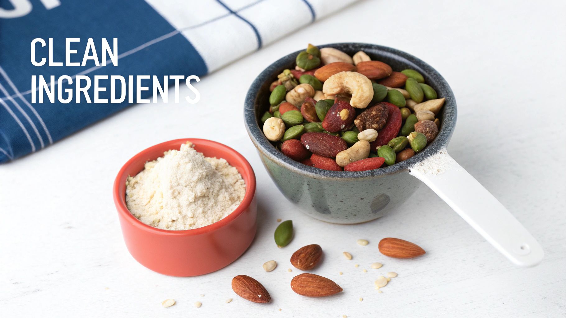 A close-up of a healthy snack bar being held, with whole nuts and seeds clearly visible in its texture.