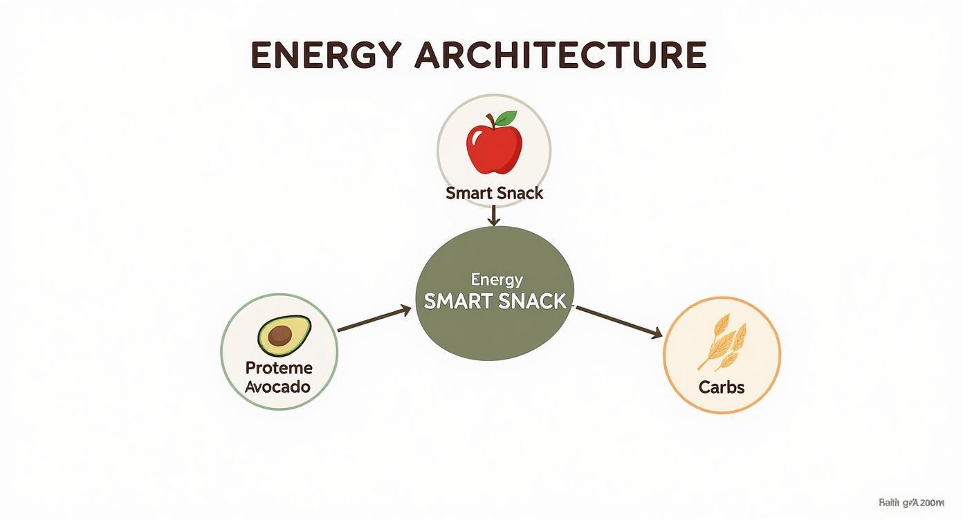 Diagram illustrating energy architecture, showing an apple smart snack, protein avocado, and carbs contributing to energy smart snacks.