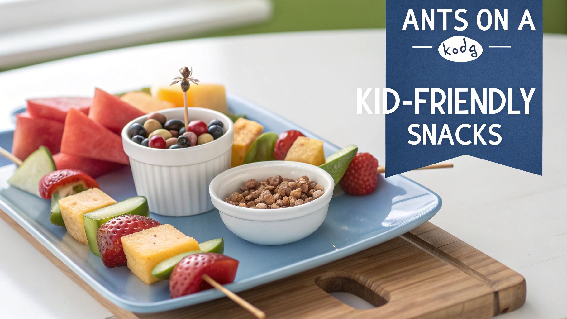 A blue platter features colorful kid-friendly snacks: fruit skewers, watermelon, and bowls of nuts.