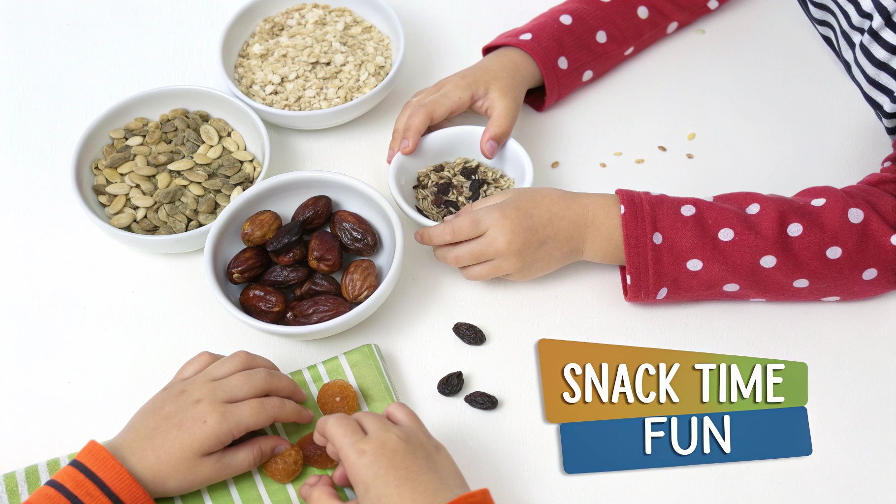 A child's hands reaching for colorful, fun-shaped plant-based snack bars and cookies.