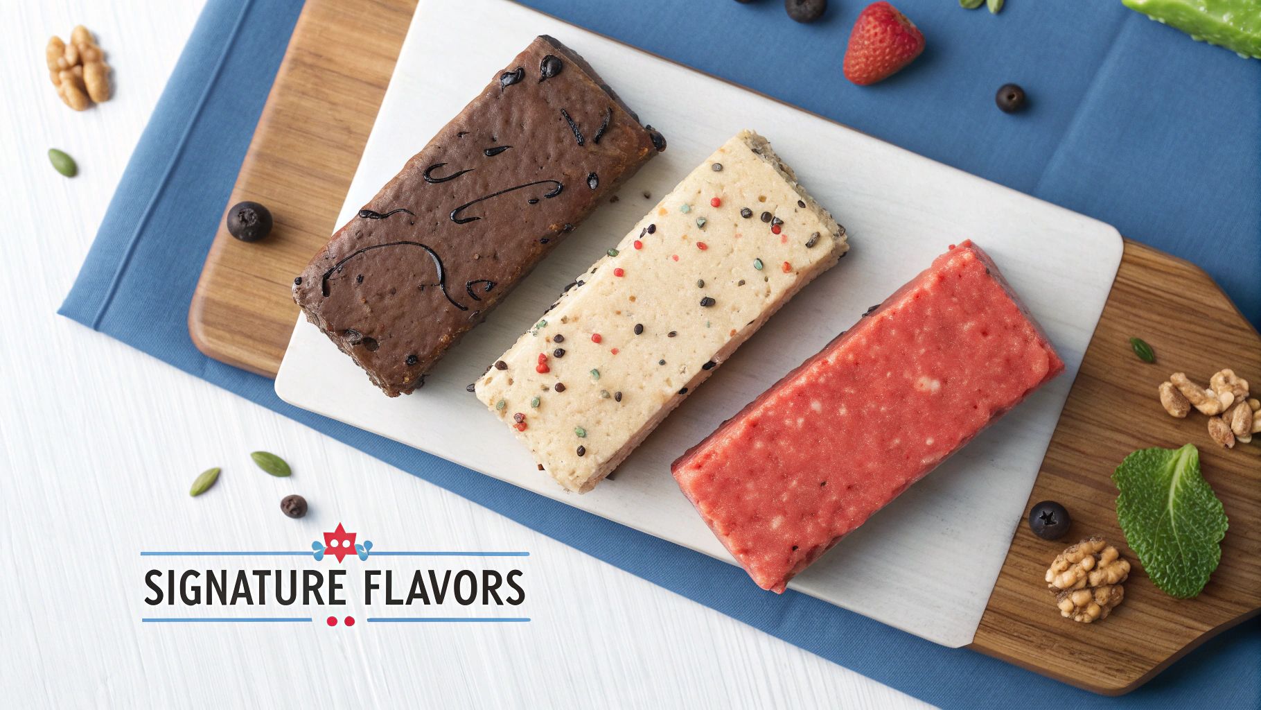 A variety of colorful homemade protein bars showcasing different flavors like berry, chocolate, and nut.