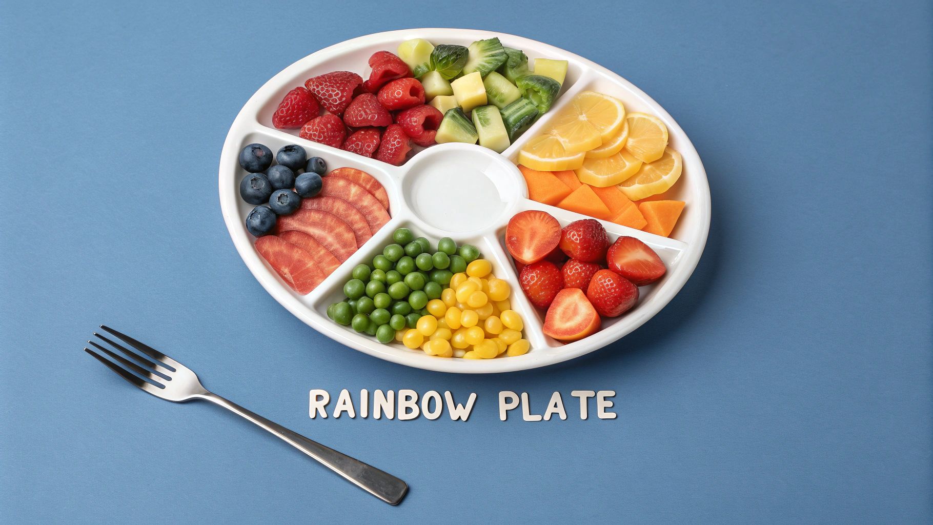 A colorful partitioned plate with fruits and vegetables like berries, lemon, carrots, peas, and corn, with a fork and 'RAINBOW PLATE' text.