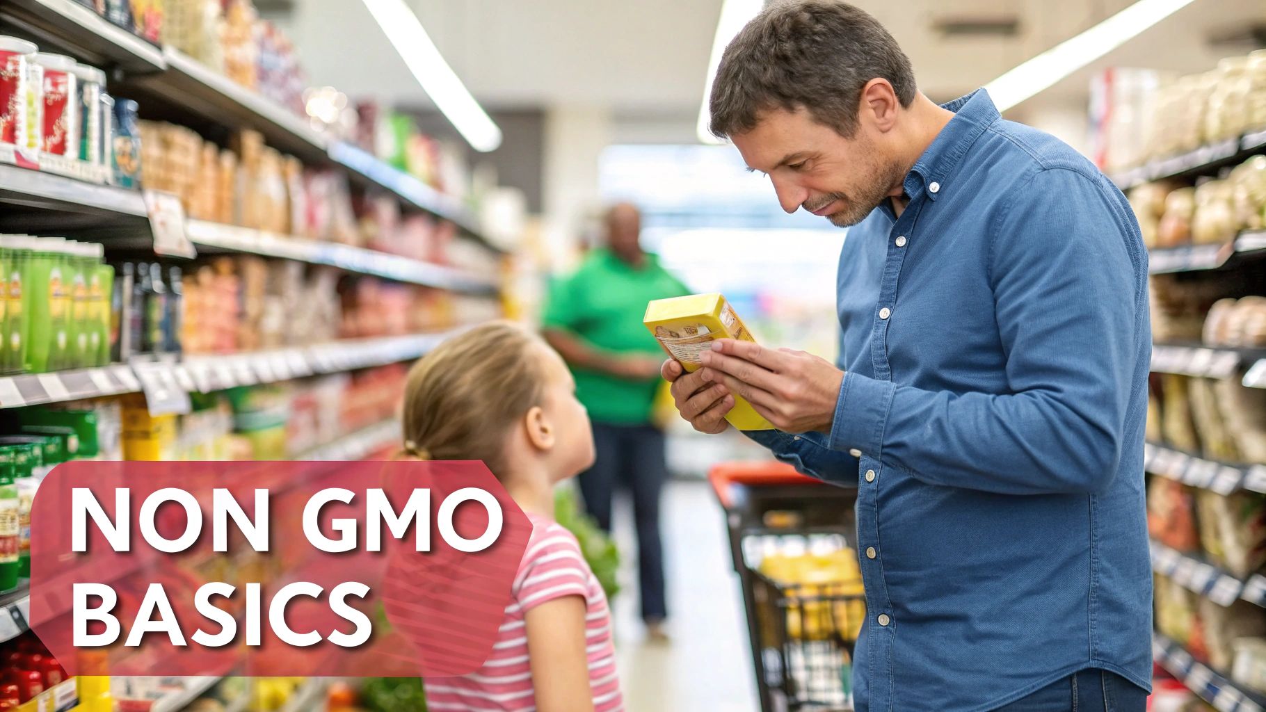 A father and daughter examine a product label while grocery shopping in a supermarket aisle.