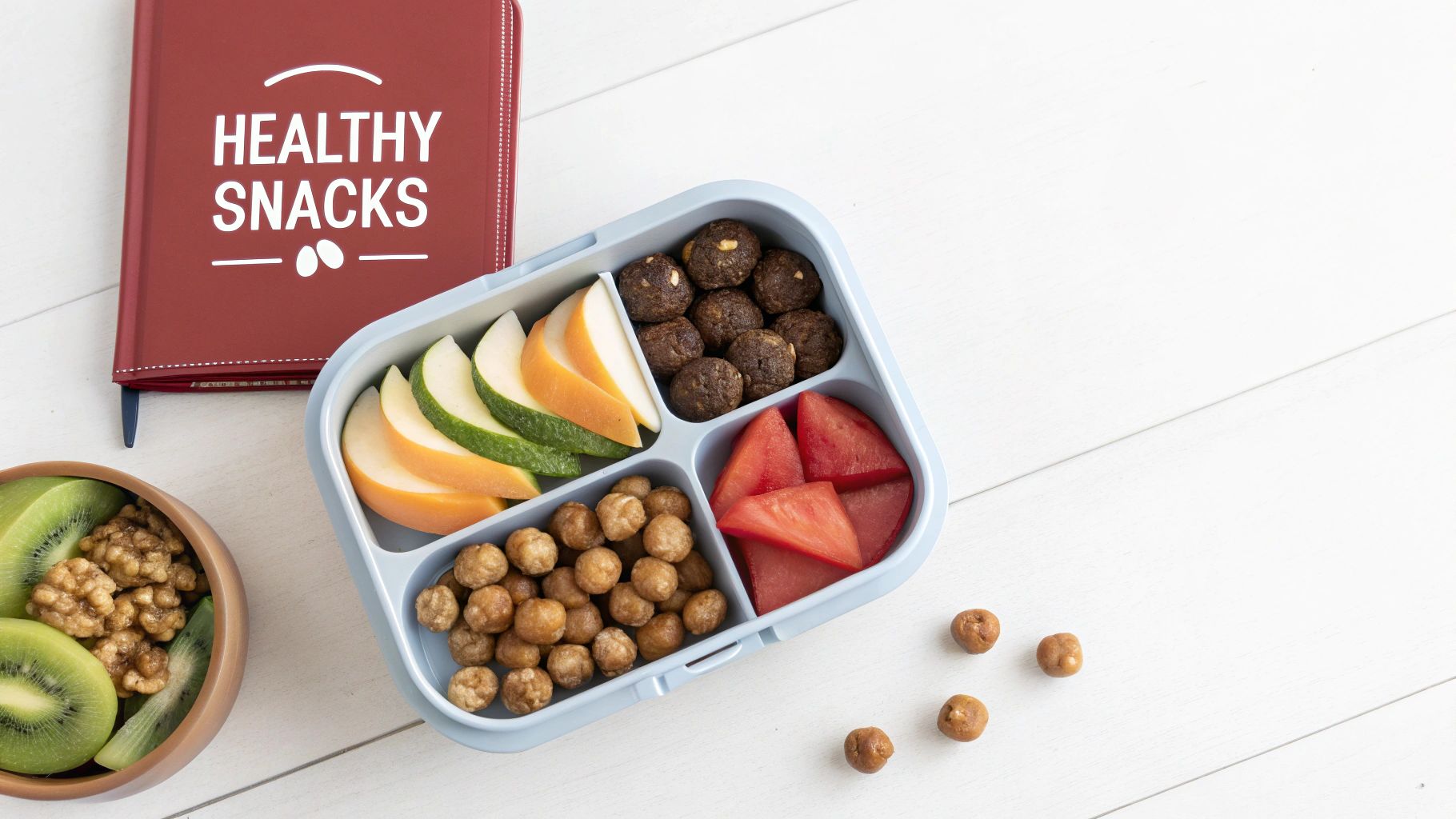 A delicious looking assortment of healthy, kid-friendly snack bars and fresh fruit.